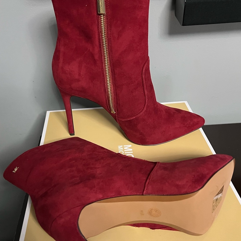 Michael Kors Blaine Ankle Maroon Suede Booties (looks more cranberry in person)